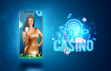 attractive young woman in gold colored dress embossed on a smartphone holding cards with casino in blue next to her