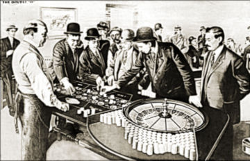 black and white sketch of men playing at a casino circa 1900. They are all playing classic casino games.