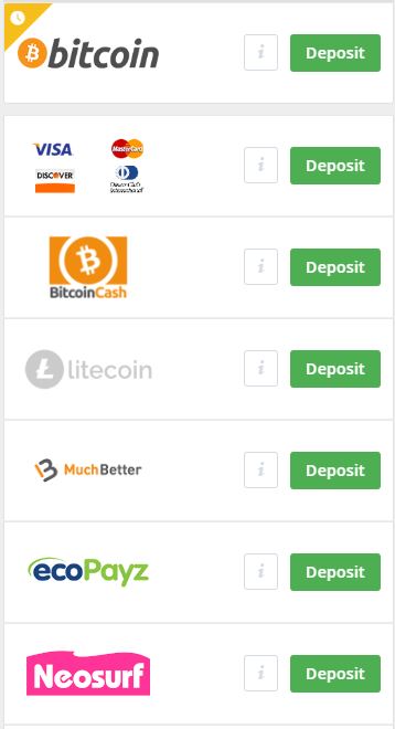 Everygame Cashier, available deposit methods, select bitcoin