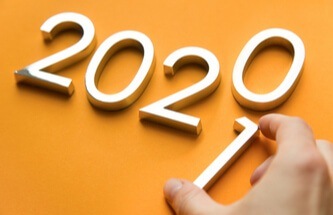 metal numbers 2020 with the 0 being replaced with a 1 on a yellow background