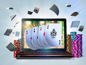 4 Aces poker hand coming out of a laptop screen with casino chips flying around