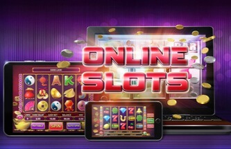 a computer screen, phone and tablet screens with slots and Online Slots written