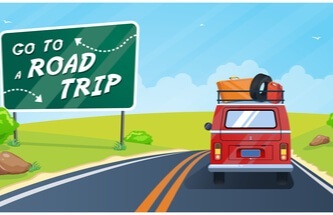 illustration of a packed van on the highway and a road sign saying Go To A Road Trip