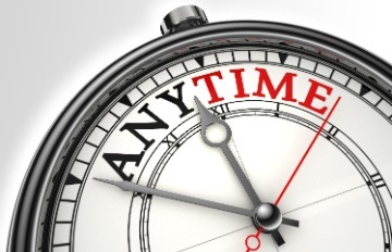 An analogue chrome clock showing an 'anytime' concept with the words in red and white isolated on a white background 