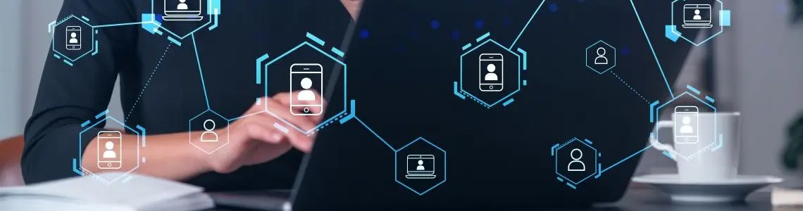 an image of a blockchain as an attractive young woman working on her laptop using blockchain for privacy and security.