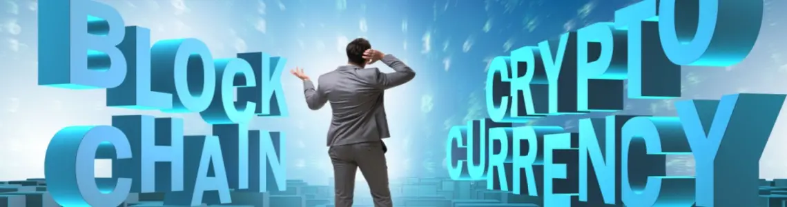 a man standing on blocks looking at the words Blockchain and Cryptocurrency and scratching his head trying to understand