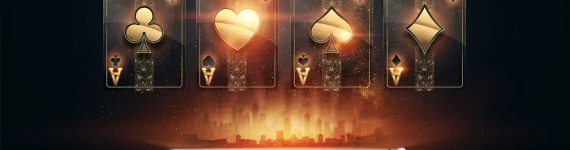 Hologram style image of 4 Ace cards floating above a phone being held in a man's hand