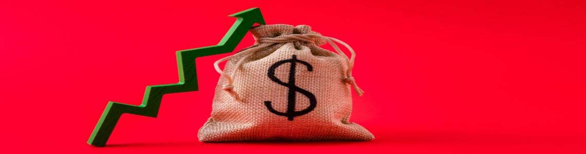 against a red background a sackcloth with a $ on it and an arrow beside it showing the amount of money increasing