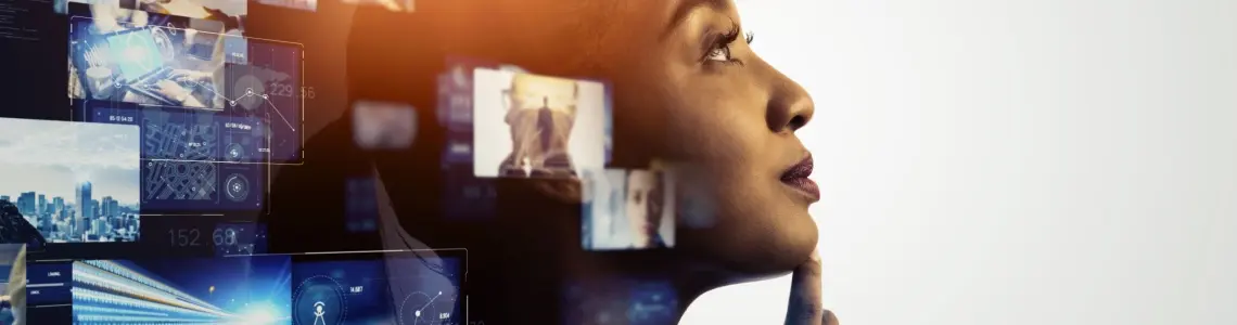 A young woman looking gazing creatively in the distance as thoughts enter her mind