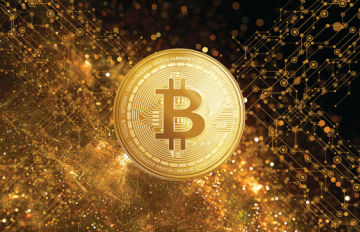 a large golden bitcoin set against an interstellar scene of bitcoins as stars in the galaxy
