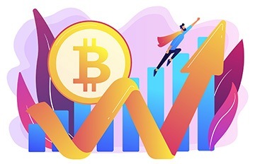 bitcoin in yellow and gold with an arrow showing ups and downs and a man in a cape soaring on a purple and blue backdrop