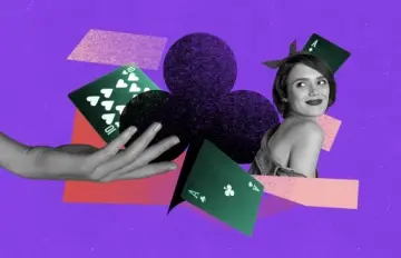 attractive young woman with a big, surprised smile, holding a laptop, a blackjack in the air and a modernistic cubist design