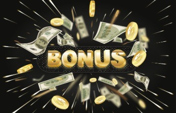 the word BONUS written in gold on a black background with gold coins and money flying around