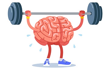 a brain lifting a barbell . the brain is sweating from the effort.