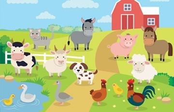 cute caricatures of farm animals with a bright blue sky. sheep, chickens and roosters, ducks, cow, red barn and green field