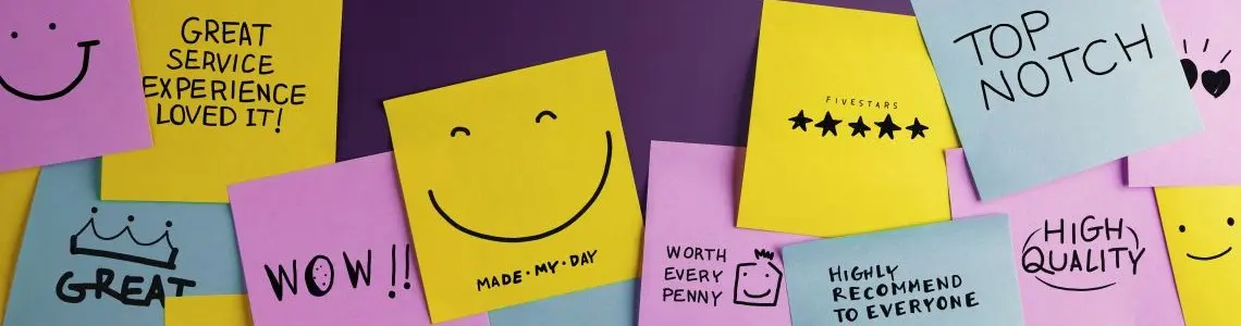 many colored post-its with positive comments about a company such as wow, high quality, great service, and highly recommended