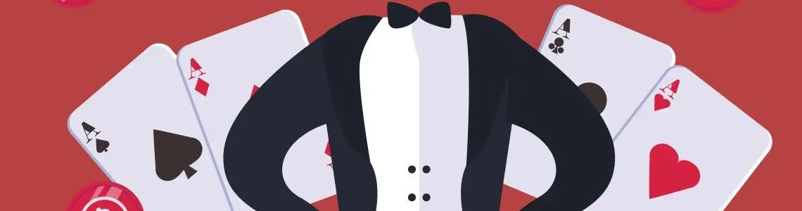 An anonymous tuxedoed man stands with hands on hips in a cloud of 4 aces and red casino chips