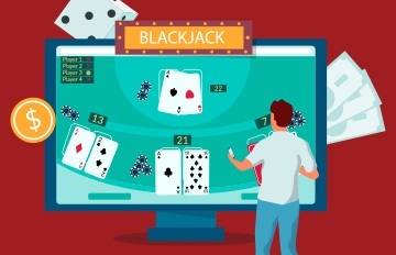 a caricature of a man playing blackjack online at a large screen computer.