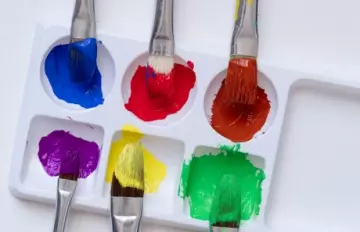 different colors of pain in a palette with brushes ready to use