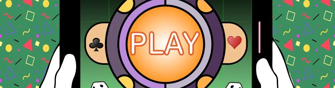 2 hands hold an electronic online casino interface with a simple compelling button that says PLAY right in the middle