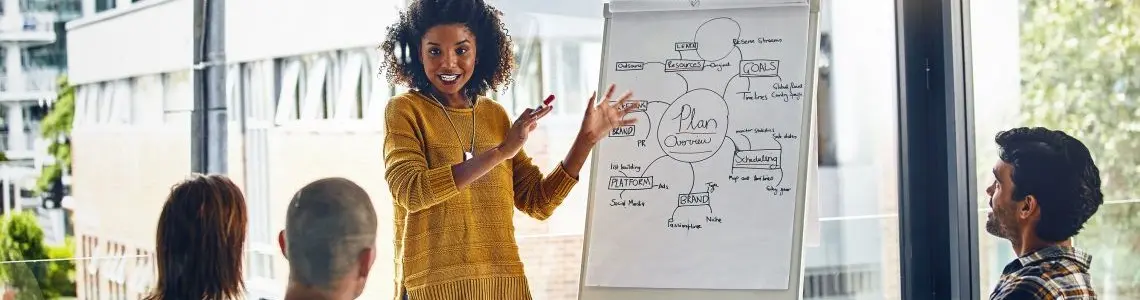 a young female group leader leading a brainstorming session with three colleaguse