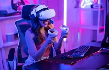 a pretty young woman enjoying a modern virtual reality game