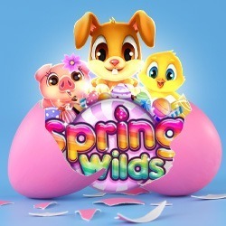 spring wilds slot game with the bunny, chicken and pig, cracking out of a pink egg