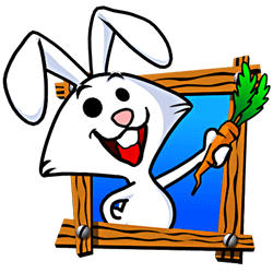 run rabbit, run rabbit happily smiling with a carrot in its paws, in a wooden frame