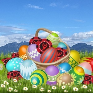 easter basket filled with easter eggs and everygame casino chips in it and around it on a meadow