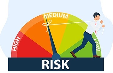 a caricature of a man pulling a risk wheel to move the risk from high toward low. high risk is red and low risk is light green
