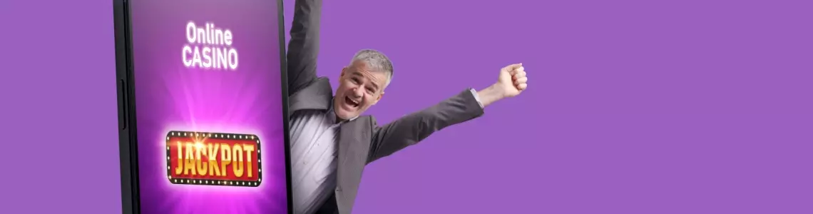 very happy man coming out of a smartphone with outstretched arms indicating a win at an online casino