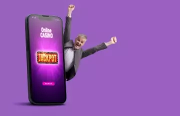 very happy man coming out of a smartphone with outstretched arms indicating a win at an online casino