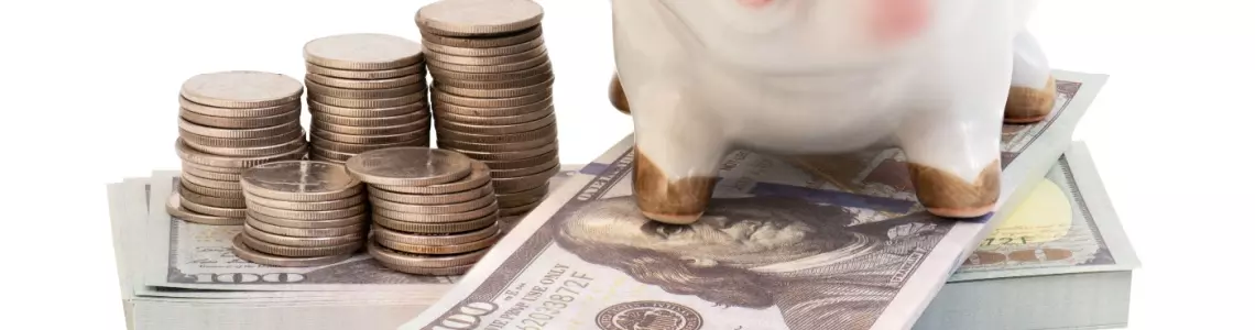 a piggy bank sitting on paper money next to stacks of coins