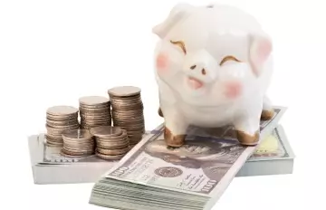 a piggy bank sitting on paper money next to stacks of coins