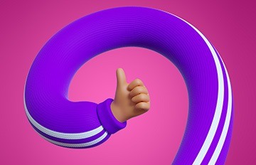 clever sleeved hand forming a question mark with thumbs up.  the sleeve is purple with two white stripes.