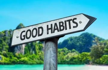 A direction "sign" with the words Good Habits on it at a local beach or lake.