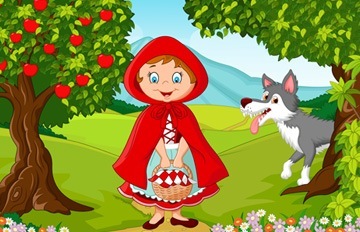smiling Little Red Riding Hood standing next to an apple tree and holding a basket of food. A smiling wolf is next to her.
