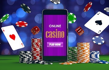 mobile casino on a smartphone with purple interface and colrful chips, two aces, and two red die all about
