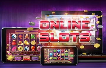 colorful image of the words online slots in red letters with a five reel screen and gold coins jumping out towards the viewer