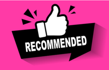 a hand with a thumbs up sign and the word recommended underneath it against a dark pink background