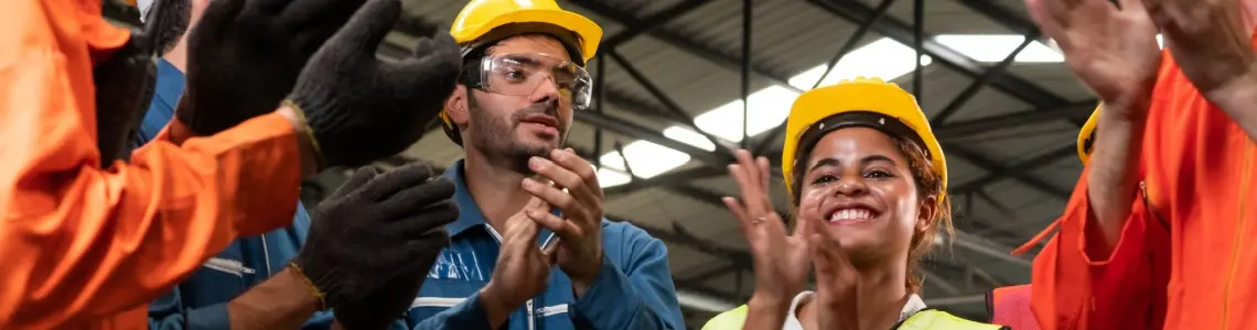 men and women in hard hats at a construction site clapping to celebrate an important achievement