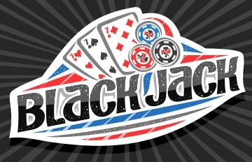 the word blackjack oriented from lower left to upper right with three sevens and a blue, a black, and a red chip
