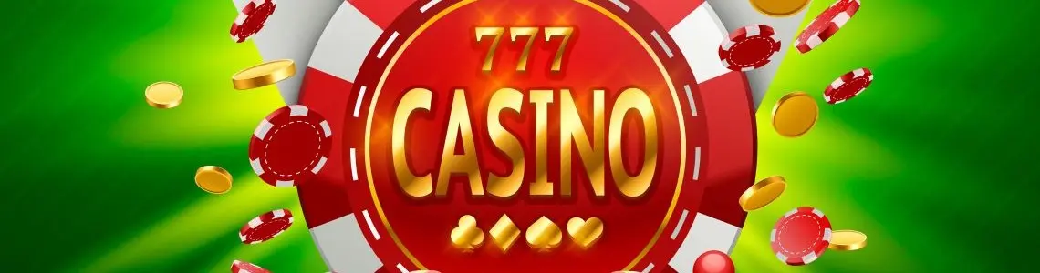 Casino in gold lettering on a red crest with chips and coins jumping forward and framed by 4 aces and 777 reels