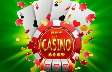 Casino in gold lettering on a red crest with chips and coins jumping forward and framed by 4 aces and 777 reels