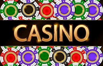 a collage of overlapping casino chips in black, green, red, and purple with CASINO in big gold letters at the center