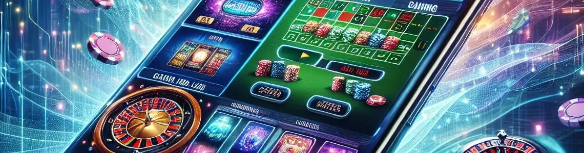 a large mobile device screen with visuals of online casino gaming such as a roulette wheel, blackjack, chiops, dice, and cards.