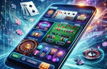 a large mobile device screen with visuals of online casino gaming such as a roulette wheel, blackjack, chiops, dice, and cards.