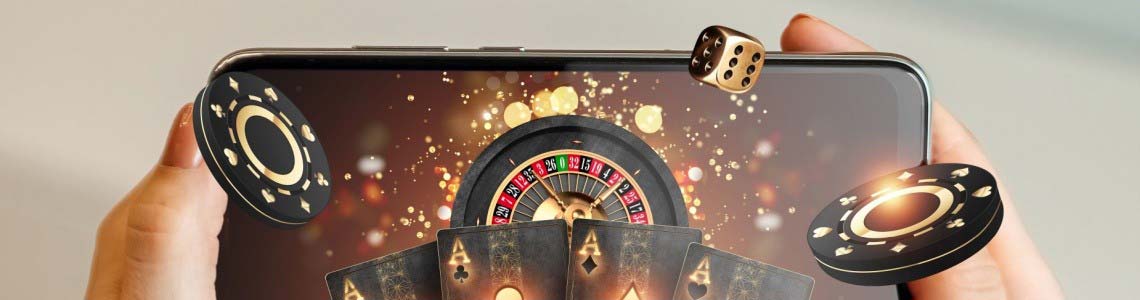 woman holding smartphone with images of mobile casino such as dice, roulette wheel, casino chips, four aces