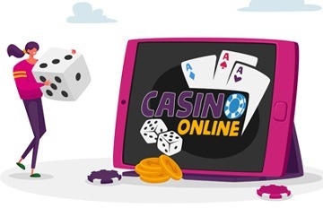 cartoon-like drawing of a woman playing at an online casino. Dice, playing cards,and chip of many colors are in the picture