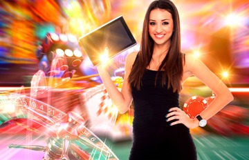 an attractive young woman showing that she's playing online casino games on her mobile tablet